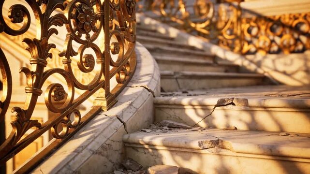 Panning shot revealing gilded railing, cracked marble treads at palace stairwell, showing decay