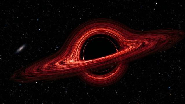 Massive black hole with red glowing accretion disk in deep space illustration