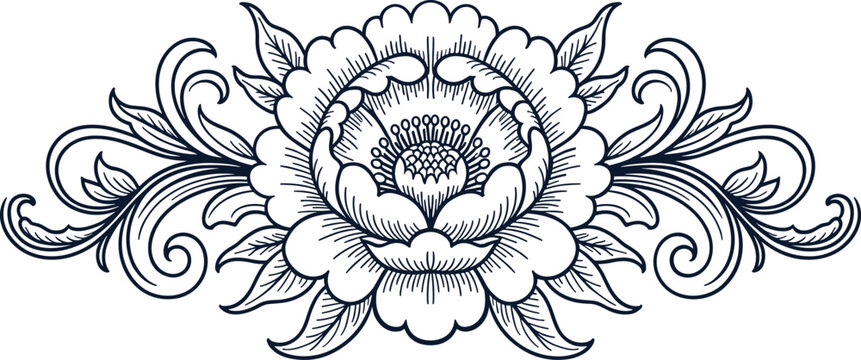 Vintage floral ornament blooming peony engraving line art vector illustration decorative scroll border design element collection