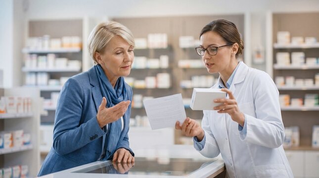 Pharmacist explaining hormone replacement therapy medication to a mature patient