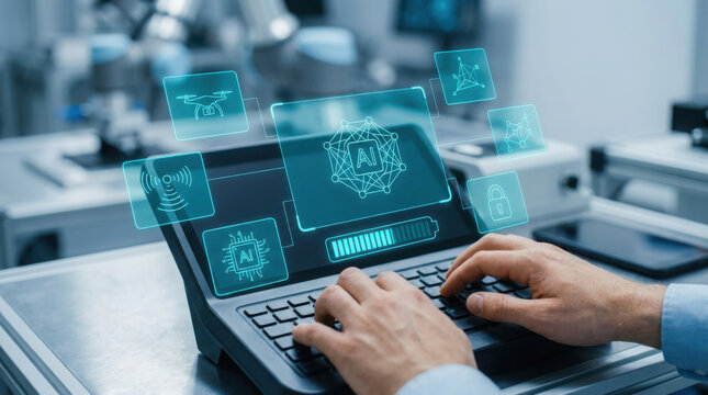 Close up of hands typing on a wireless robot control terminal with floating holographic AI interface and digital data panels in a high-tech lab environment