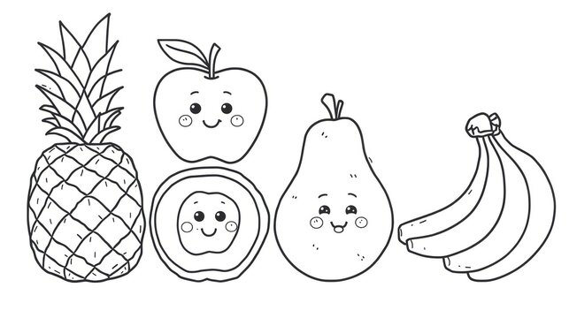 Cute cartoon fruit collection line art for kids coloring book isolated on white background