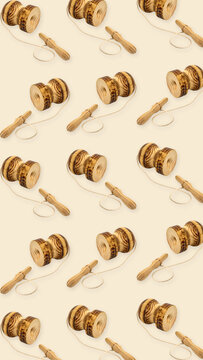 Minimalist rustic vertical background 9:16 with seamless pattern of traditional Chilean wooden emboque toys on warm cream backdrop