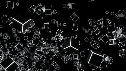 Fototapeta premium Abstract 3D floating wireframe cubes on black background