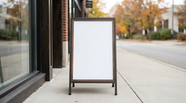 Empty wooden framed sidewalk sign board standing on a city street sidewalk outside a shop entrance for business advertising and custom messaging
