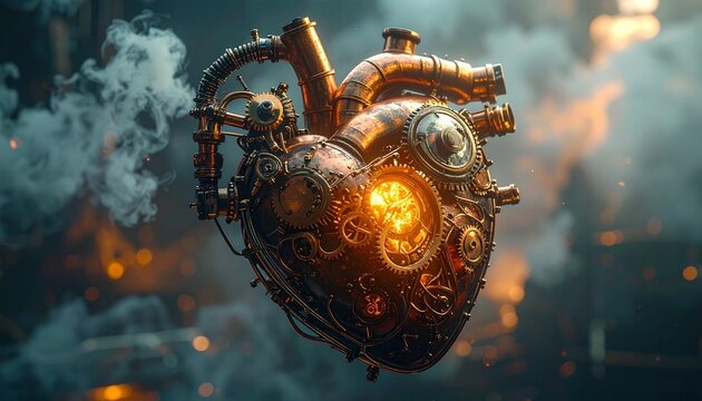 Steampunk mechanical heart glowing with fire