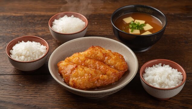 Pork cutlet and miso soup on a wooden table, with the chicken in the center bowl.