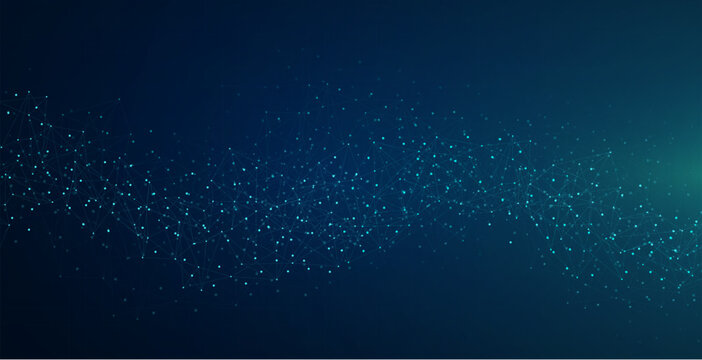 Blue polygonal network wave flows across a dark technology background. Useful for data, cyber, science, and digital communication concepts.