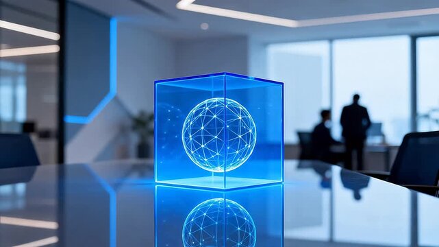 Blue glowing sphere in glass box on table