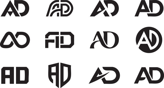 Black and white AD logo icons, modern monogram symbols, alphabet signs, vector graphics