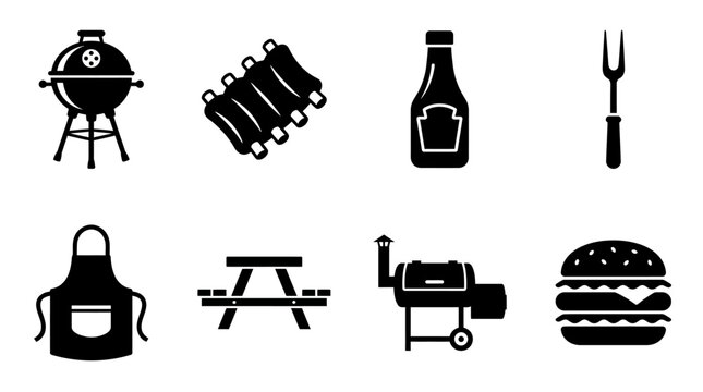 Barbecue and outdoor grilling icons vector illustration, black silhouette set featuring grill, ribs, sauce bottle, fork, apron, picnic table, smoker, and burger, cooking and food festival concept vect