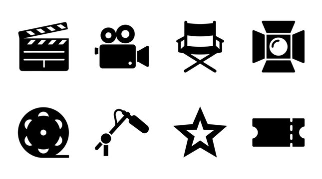 Film production and cinema industry icons vector illustration, black silhouette set featuring clapperboard, camera, director chair, spotlight, film reel, microphone, star, and ticket, movie making and