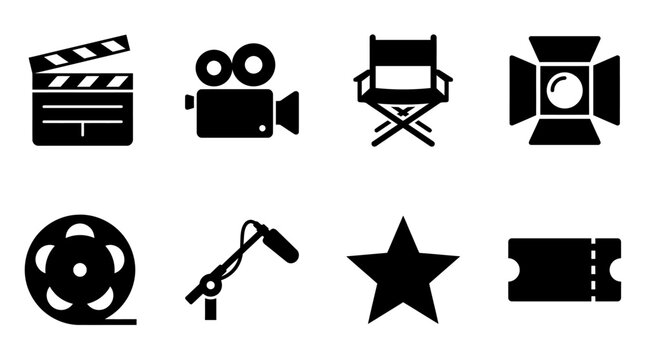 Film production and cinema industry icons vector illustration, black silhouette set featuring clapperboard, camera, director chair, spotlight, film reel, microphone, star, and ticket, movie making and