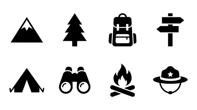 Camping and hiking adventure icons vector illustration, black silhouette set featuring mountain, tree, backpack, signpost, tent, binoculars, campfire, and ranger hat, outdoor exploration and nature tr