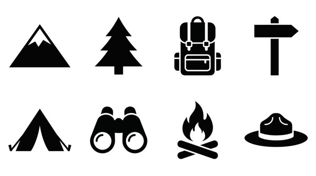 Camping and hiking adventure icons vector illustration, black silhouette set featuring mountain, tree, backpack, signpost, tent, binoculars, campfire, and ranger hat, outdoor exploration and nature tr