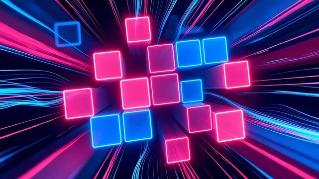 Neon cubes and light streaks in vibrant colors