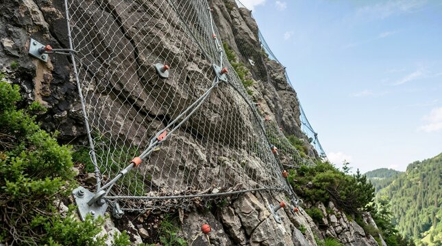 Heavy duty wire mesh rockfall protection net anchored to a steep cliff face. Steel cables and bolts securing a safety barrier on a rugged mountain slope