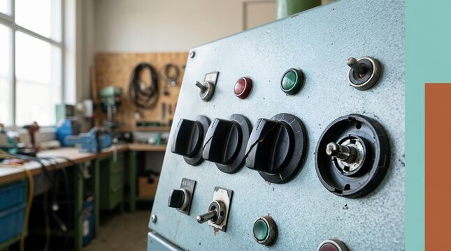 Broken black rotary dials on an old light blue industrial control panel. Damaged vintage machinery switches and indicator lights in a blurred workshop setting