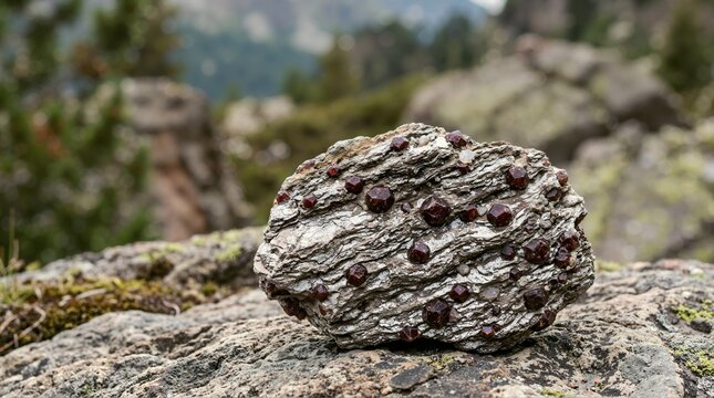 Raw garnet mica schist rock specimen with red crystals. Natural geological mineral formation resting on a stone in a mountain landscape