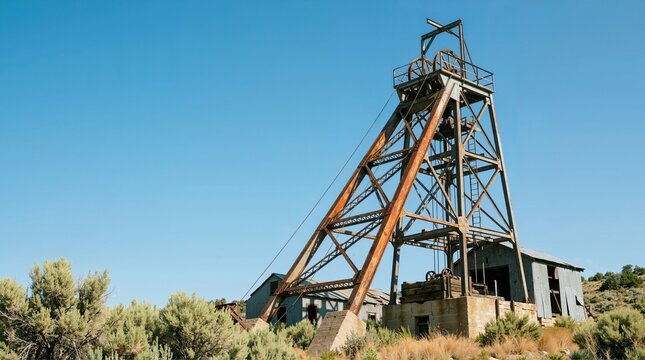 Rusty steel headframe and abandoned buildings at an old mine shaft. Historical industrial mining ruins in a dry scrubland landscape