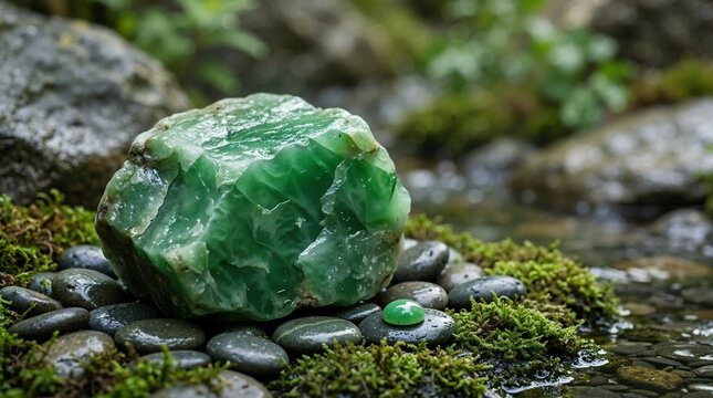 Rough imperial green jadeite rock and polished cabochon on wet river stones. Raw and finished jade gemstones in a natural mossy stream setting