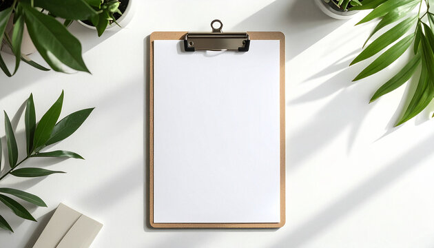 Minimal clipboard mockup with blank white paper on desk surface