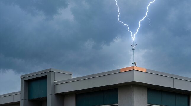 Bright lightning bolt striking a lightning rod on a building roof. Severe thunderstorm with electrical discharge. Weather protection concept