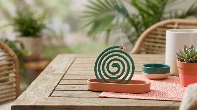 Burning green mosquito coil emitting smoke on a wooden outdoor table. Summer patio setting with insect repellent spiral in terracotta holder