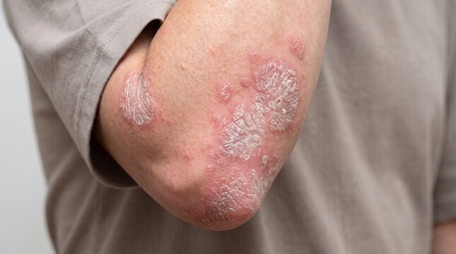 Close-up of red scaly skin patches on a human elbow showing symptoms of psoriasis