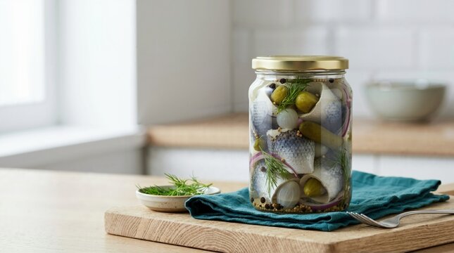 Glass jar of pickled herring rollmops with onions and dill. Traditional preserved seafood on a wooden cutting board in a bright kitchen