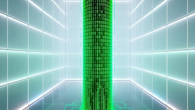 Futuristic corridor with binary code column