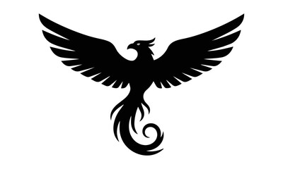 Naklejka premium Majestic phoenix bird silhouette with outspread wings and elegant curved tail in a minimal flat style isolated on a white background mythical creature concept