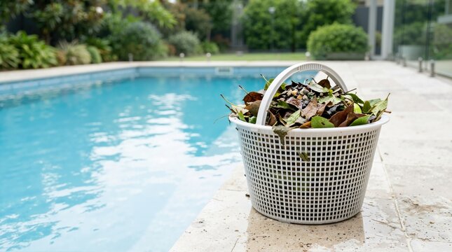 White pool skimmer basket full of wet leaves on the stone edge. Swimming pool maintenance and cleaning concept
