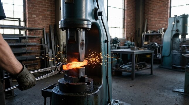 Blacksmith forging glowing hot steel billet with power hammer. Industrial metalworking process with flying sparks in workshop