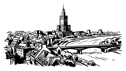 Obraz premium warsaw city skyline with palace of culture and science in hand drawn sketch style