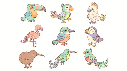 Fototapeta premium Cute Tropical Birds Collection Vector Set with Flamingo Toucan and Parrot Characters