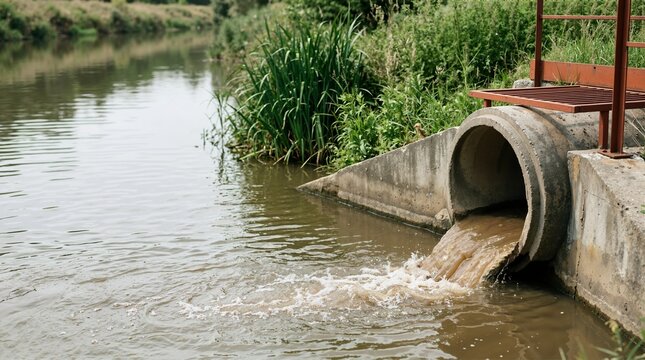 Concrete sewage pipe discharging dirty brown water into a river. Environmental pollution and wastewater drainage concept