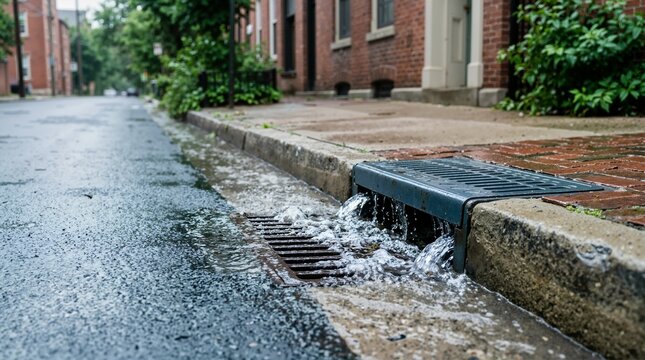 Water gushing and overflowing from a storm drain curb inlet. Urban street flooding during heavy rain with brick sidewalk