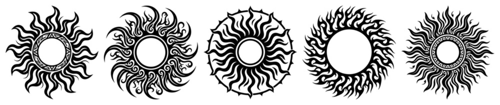 Sun symbols set with tribal flames and decorative rays black and white vector illustration