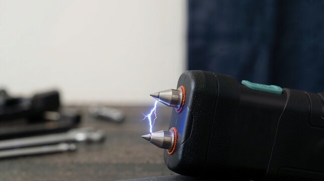 Stun gun with electric spark arcing between electrodes. Close-up of electroshock self defense weapon