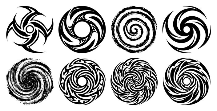 Spiral vortex circles set with abstract tribal swirls and hurricanes vector illustration