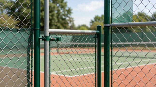 Closed green chain link fence gate at a tennis court. Outdoor sports facility boundary with metal wire mesh. Empty tennis court background