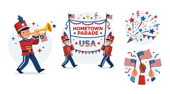 A festive Hometown Parade in the USA with marching band and joyful crowd celebrating patriotism.