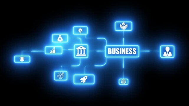Digital business network infographic with glowing neon and connected strategy flowchart technology