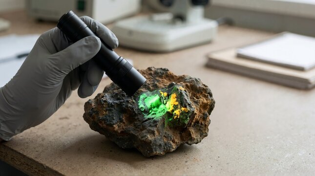 Uranium ore specimen fluorescing under UV light in a laboratory. Gloved hand holding ultraviolet flashlight over radioactive mineral rock