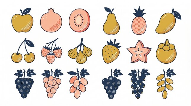 Organic Fruit Collection Vector Set with Berries and Tropical Fruits