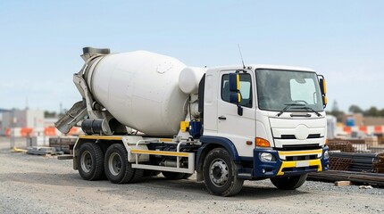 Obraz premium Concrete mixer truck parked on construction site. White and blue cement transport vehicle on gravel ground. Industrial building machinery