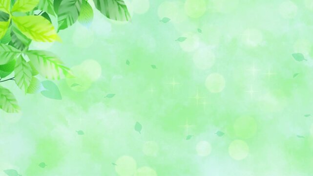 Green leaves are falling.Green fresh natural bokeh light.Abstract soft glowing light.watercolor painting.Animation video.  緑　葉っぱ　自然　 CG  動画　光　パーティクル　玉ボケ　キラキラ　抽象的　爽やか　木漏れ日　舞う　散る　田舎