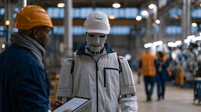 Humanoid robot walking the factory floor alongside a manufacturing shift team during handover, twilight blue hour visible through roof-level industrial windows, over the shoulder