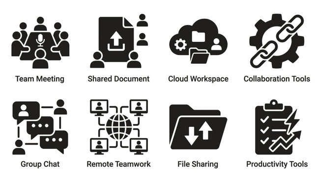 Digital teamwork collaboration vector illustration with team meeting, shared document, cloud workspace, collaboration tools, group chat, remote teamwork, file sharing, productivity tools icons, isolat